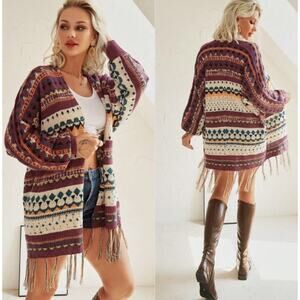 SPLA Womens Boho Ethnic Southwestern‎ Knit Fringe Open Front Cardigan Size S